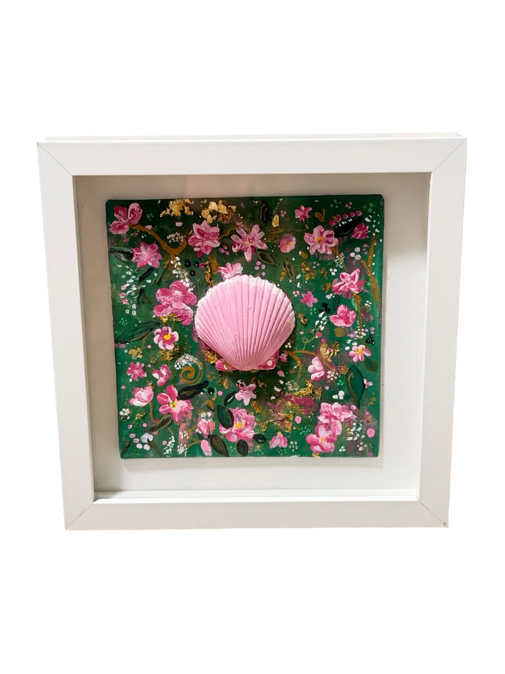 Handmade Pink Scallop Shell Floral Shadow Box Wall Art 8x8 Coastal Decor